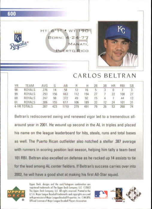 2002 Upper Deck #600 Carlos Beltran back image