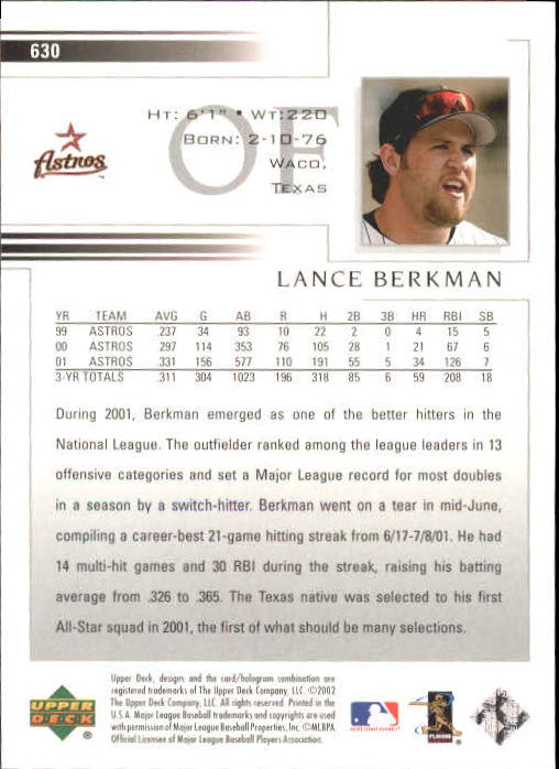 2002 Upper Deck #630 Lance Berkman back image