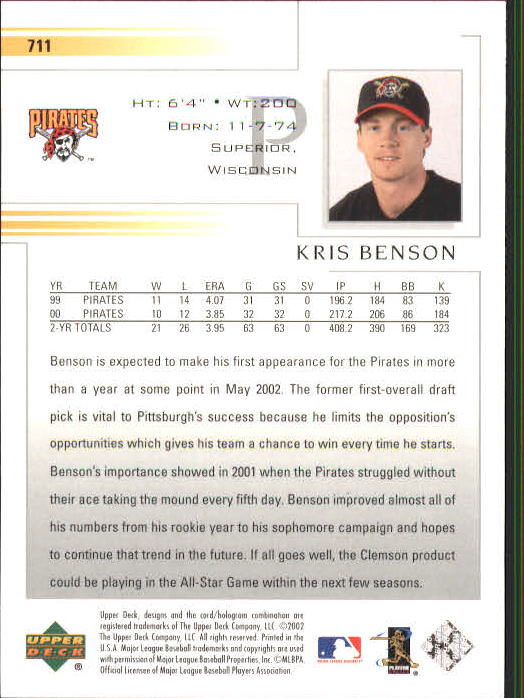 2002 Upper Deck #711 Kris Benson back image