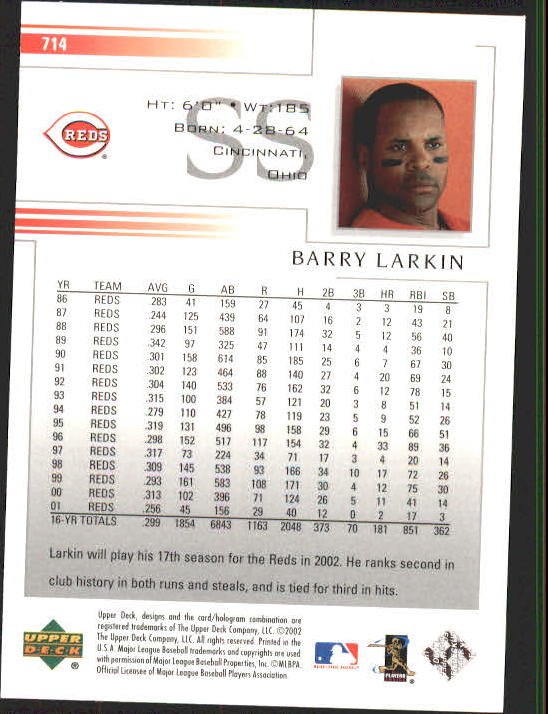 2002 Upper Deck #714 Barry Larkin back image