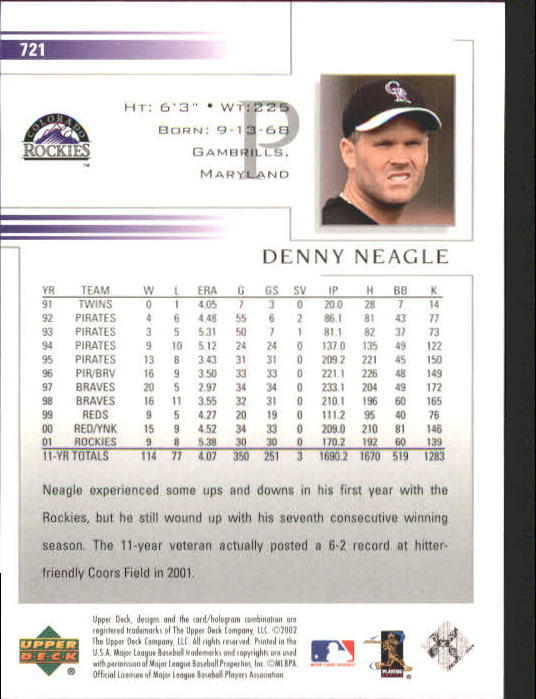 2002 Upper Deck #721 Denny Neagle back image