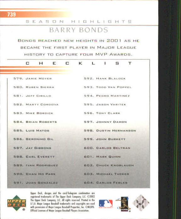 2002 Upper Deck #739 Barry Bonds SH CL back image