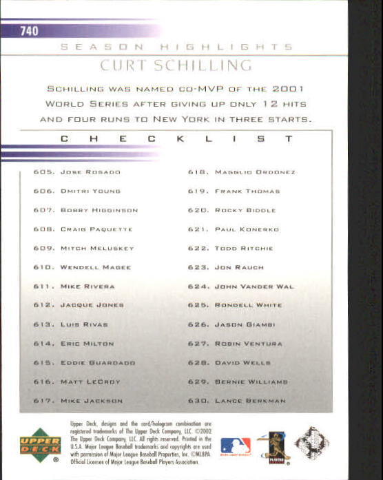 2002 Upper Deck #740 Curt Schilling SH CL back image