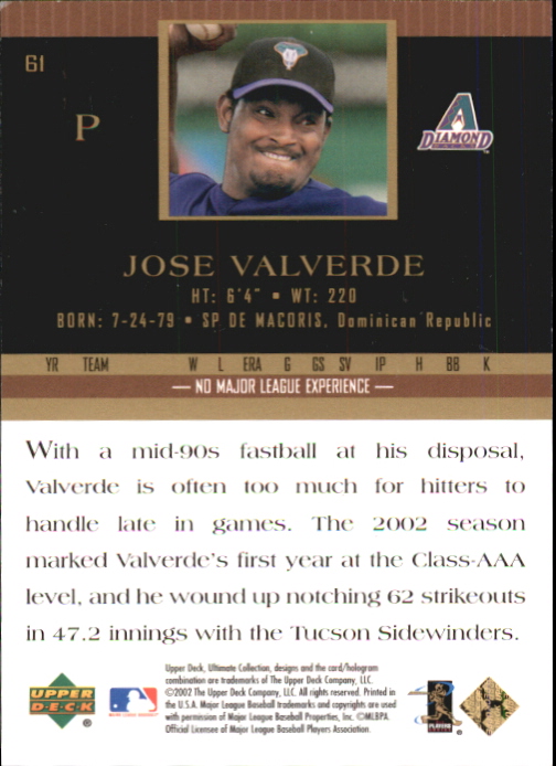 2002 Ultimate Collection #61 Jose Valverde UR RC back image
