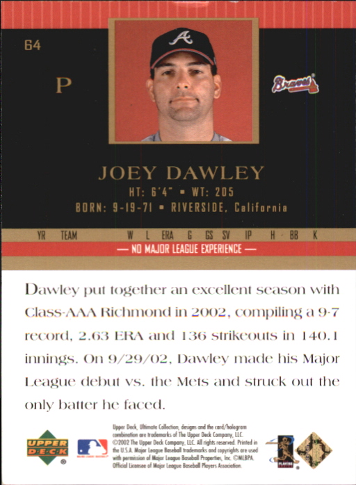 2002 Ultimate Collection #64 Joey Dawley UR RC back image