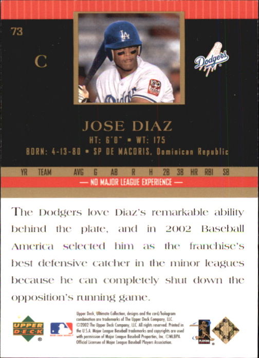 2002 Ultimate Collection #73 Jose Diaz UR RC back image