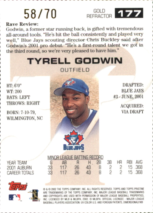 2002 Topps Pristine Gold Refractors #177 Tyrell Godwin R back image