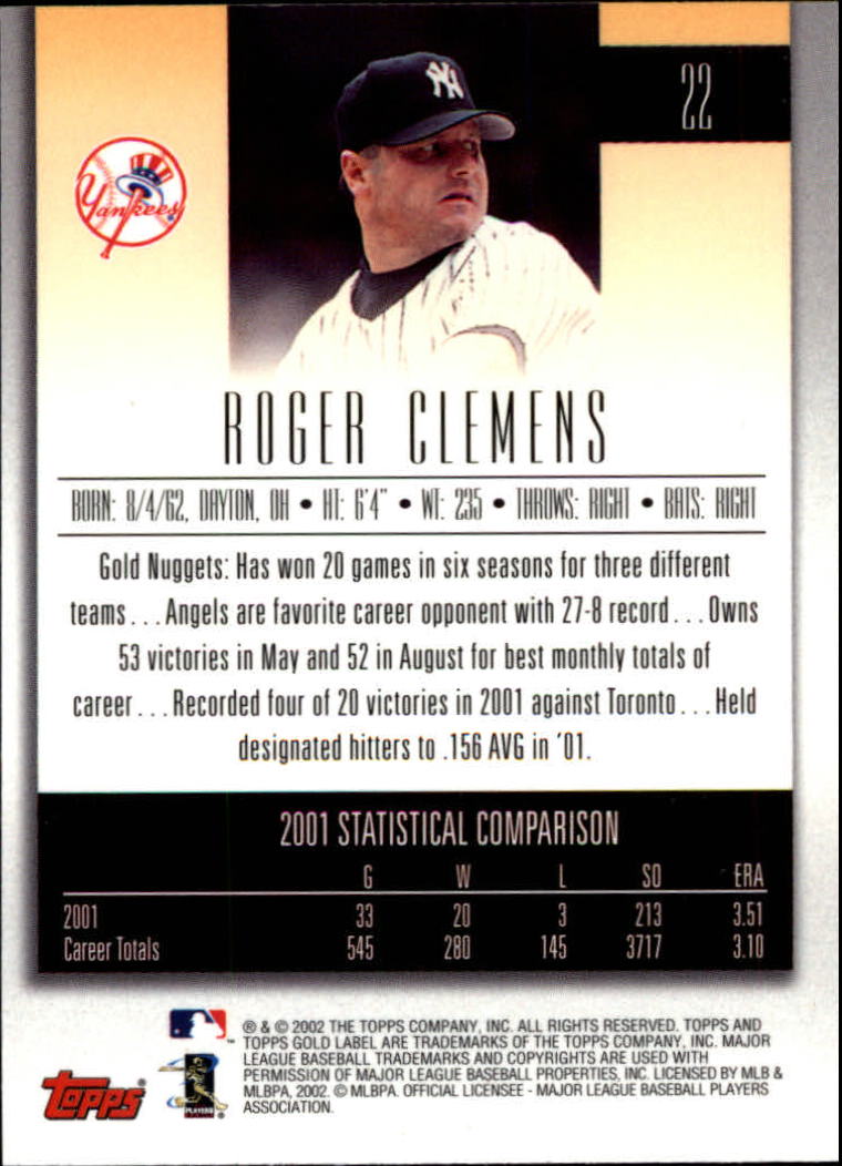 2002 Topps Gold Label #22 Roger Clemens back image