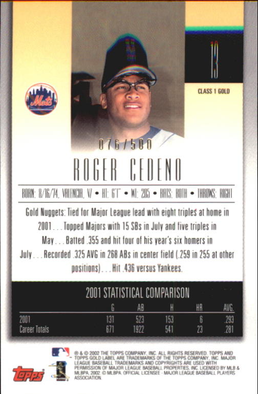 2002 Topps Gold Label Class 1 Gold #13 Roger Cedeno back image