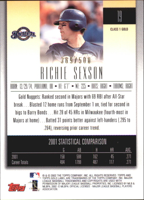 2002 Topps Gold Label Class 1 Gold #19 Richie Sexson back image