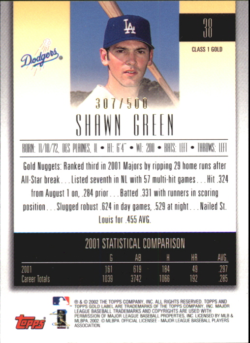 2002 Topps Gold Label Class 1 Gold #38 Shawn Green back image