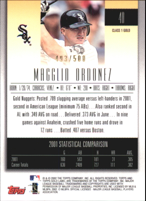 2002 Topps Gold Label Class 1 Gold #40 Magglio Ordonez back image