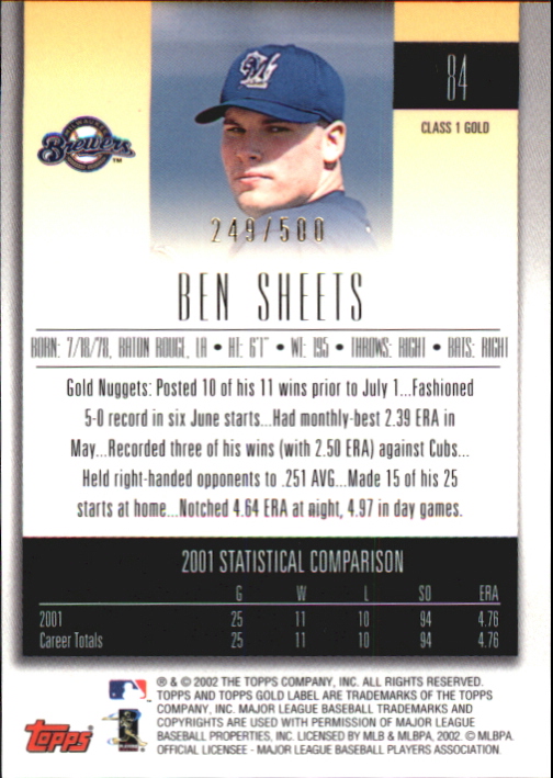 2002 Topps Gold Label Class 1 Gold #84 Ben Sheets back image