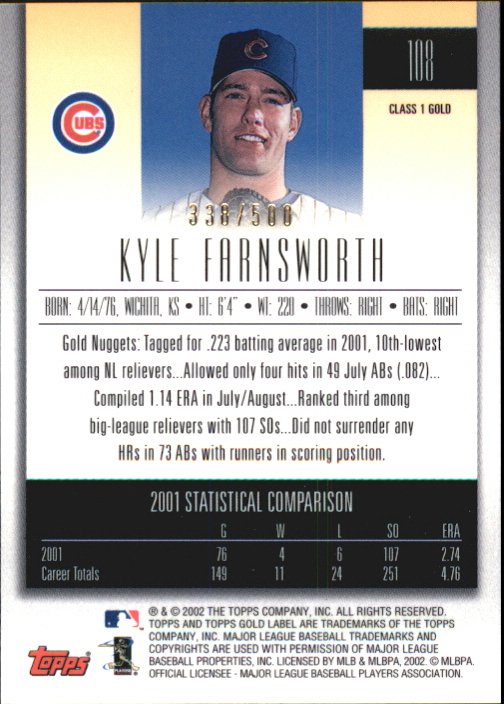 2002 Topps Gold Label Class 1 Gold #108 Kyle Farnsworth back image