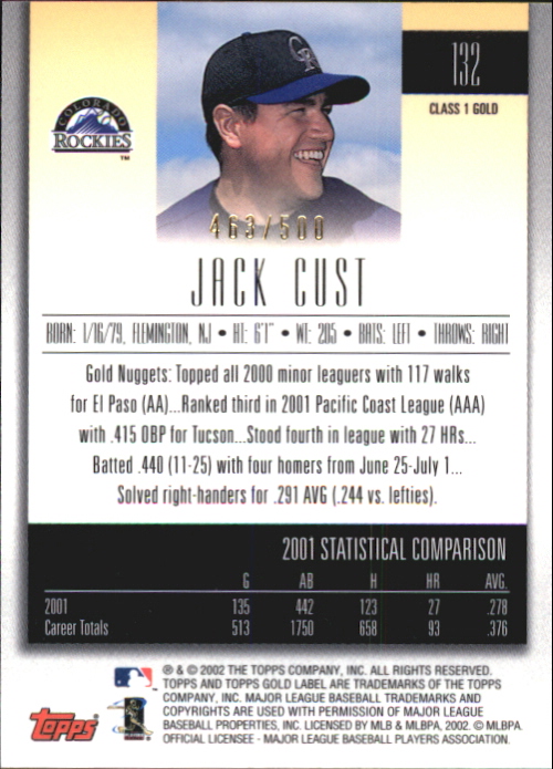 2002 Topps Gold Label Class 1 Gold #132 Jack Cust back image