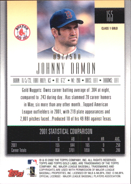 2002 Topps Gold Label Class 1 Gold #155 Johnny Damon back image