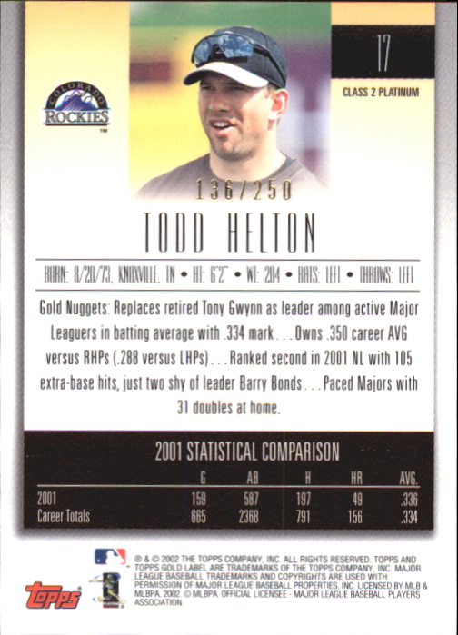 2002 Topps Gold Label Class 2 Platinum #17 Todd Helton back image