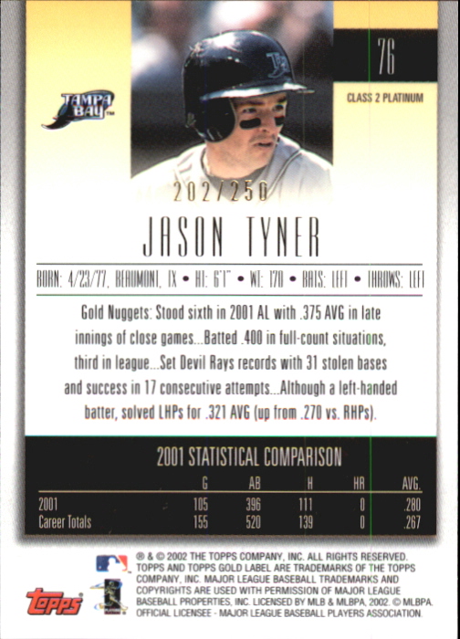 2002 Topps Gold Label Class 2 Platinum #76 Jason Tyner back image