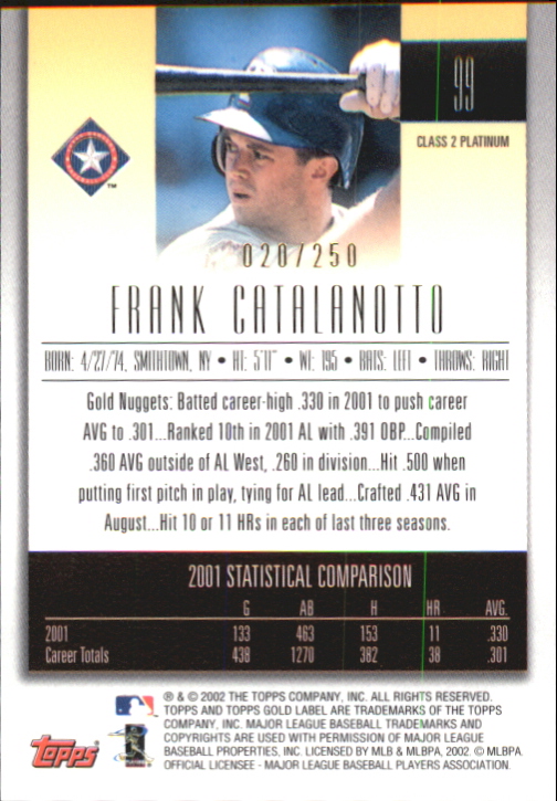 2002 Topps Gold Label Class 2 Platinum #99 Frank Catalanotto back image