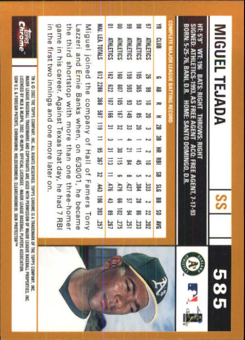 2002 Topps Chrome #585 Miguel Tejada back image