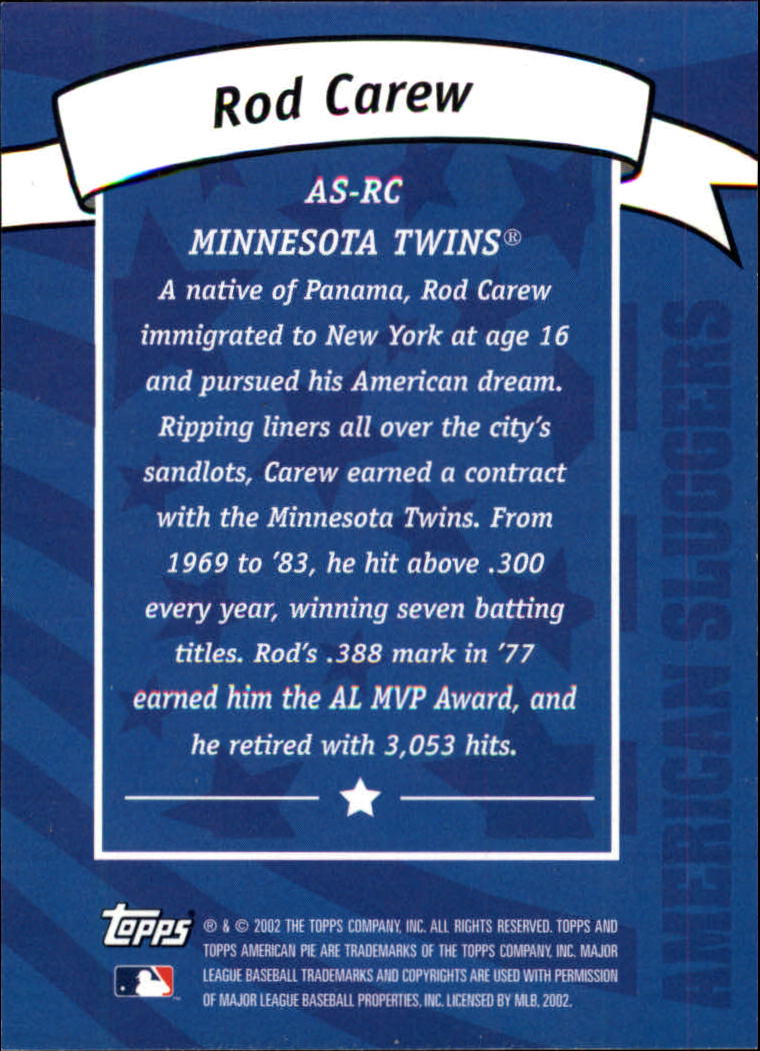 2002 Topps American Pie Sluggers Blue #1 Rod Carew back image