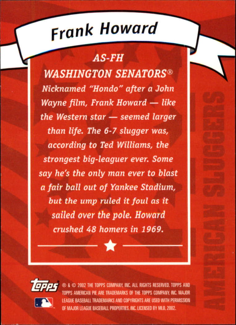 2002 Topps American Pie Sluggers Red #20 Frank Howard back image