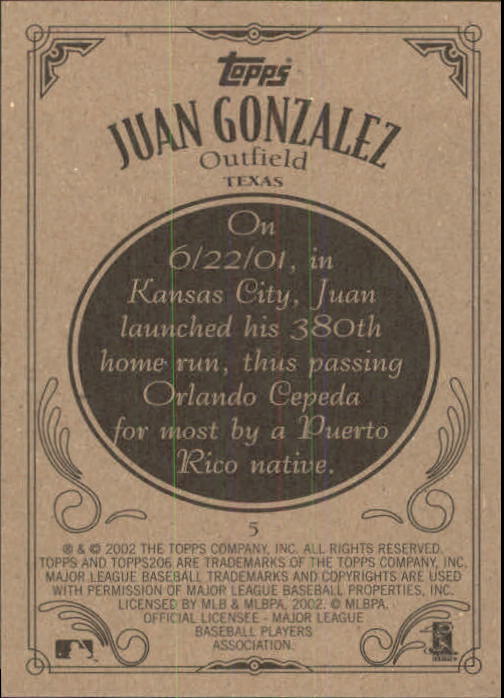 2002 Topps 206 #5 Juan Gonzalez back image
