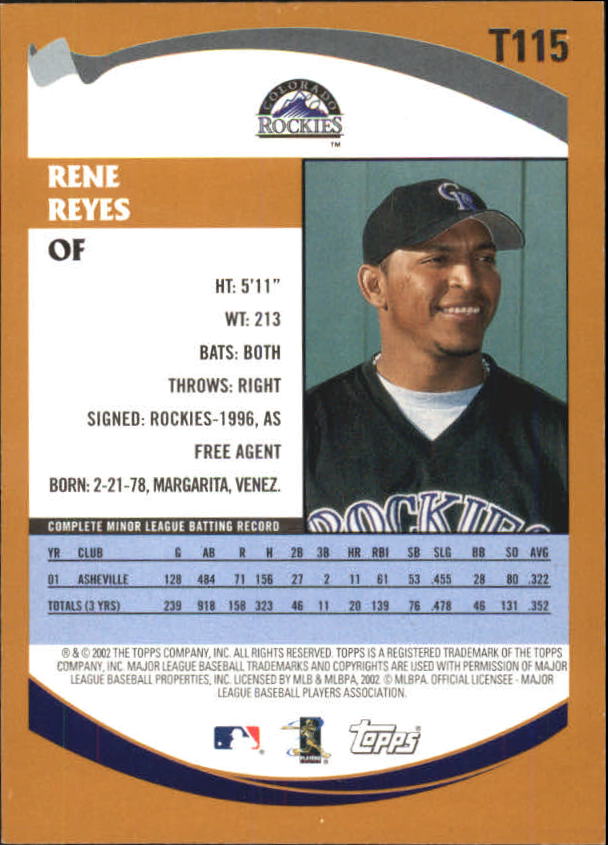 2002 Topps Traded #T115 Rene Reyes RC back image