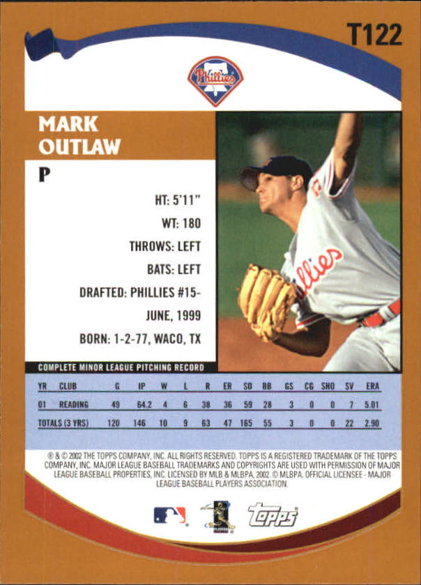 2002 Topps Traded #T122 Mark Outlaw RC back image