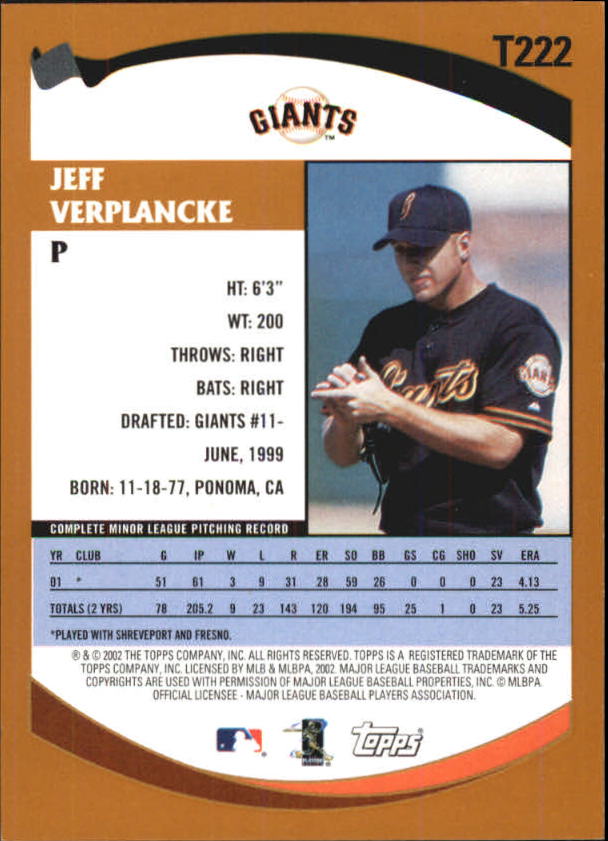 2002 Topps Traded #T222 Jeff Verplancke RC back image