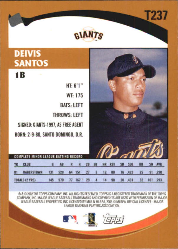 2002 Topps Traded #T237 Deivis Santos back image