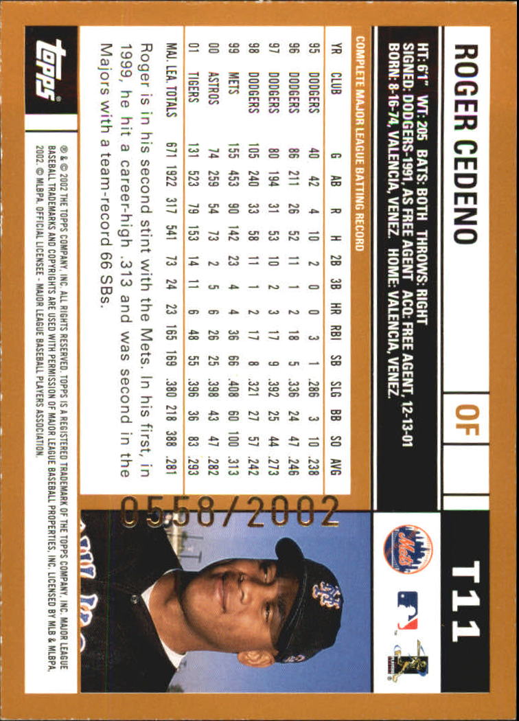 2002 Topps Traded Gold #T11 Roger Cedeno back image
