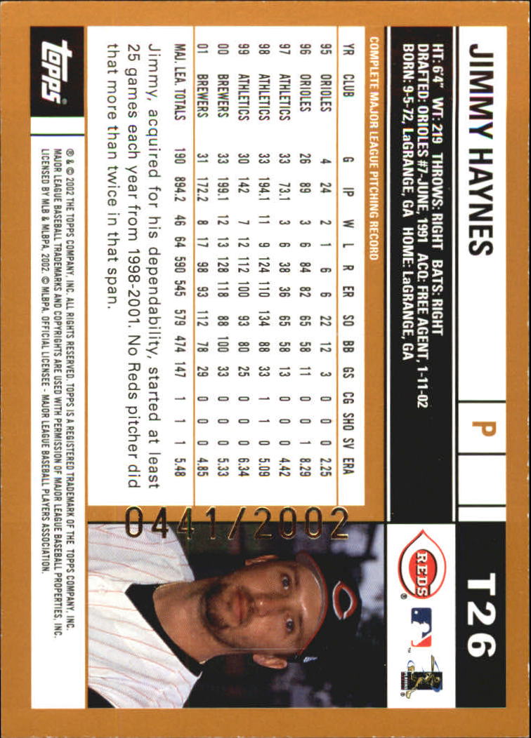 2002 Topps Traded Gold #T26 Jimmy Haynes back image
