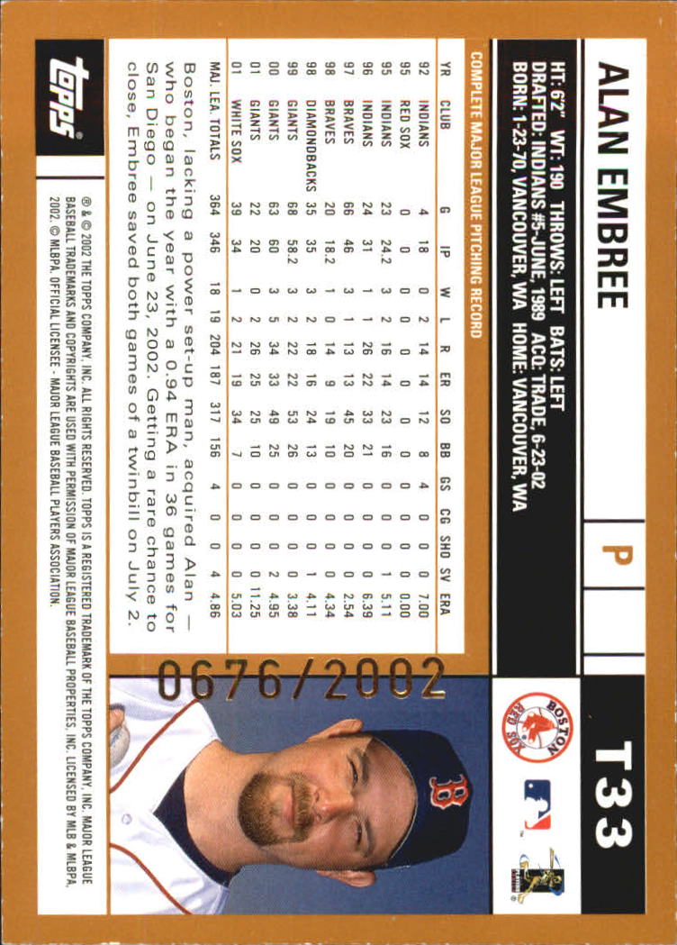 2002 Topps Traded Gold #T33 Alan Embree back image