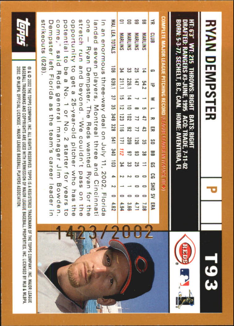 2002 Topps Traded Gold #T93 Ryan Dempster back image