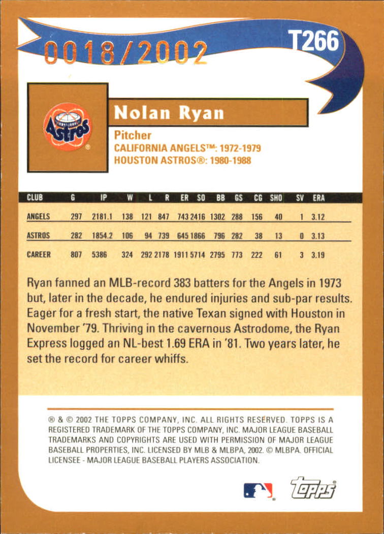 2002 Topps Traded Gold #T266 Nolan Ryan WW back image
