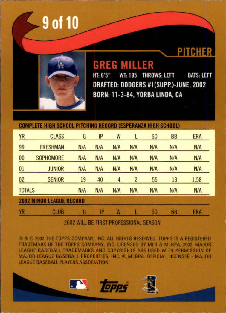 2002 Topps Draft Picks #9 Greg Miller back image