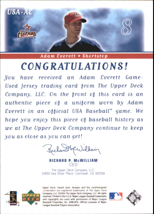 2002 Sweet Spot USA Jerseys #USAAE Adam Everett back image