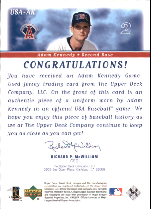 2002 Sweet Spot USA Jerseys #USAAK Adam Kennedy back image