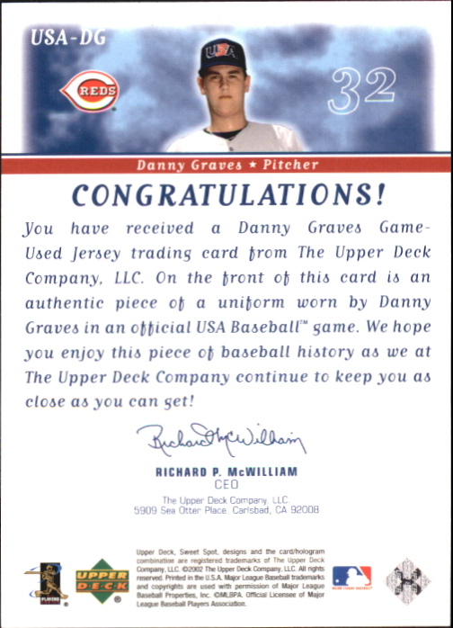 2002 Sweet Spot USA Jerseys #USADG Danny Graves back image