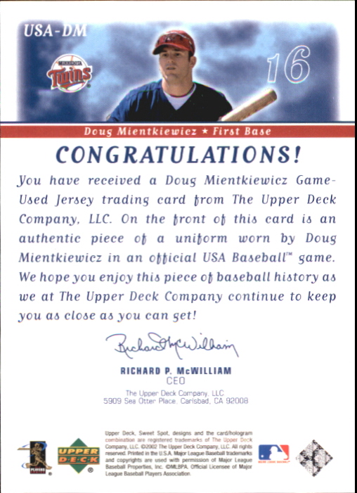 2002 Sweet Spot USA Jerseys #USADM Doug Mientkiewicz back image
