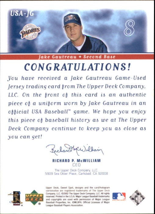 2002 Sweet Spot USA Jerseys #USAJG Jake Gautreau back image
