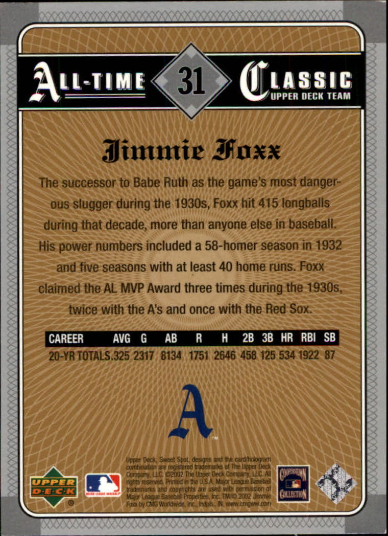 2002 Sweet Spot Classics #31 Jimmie Foxx back image