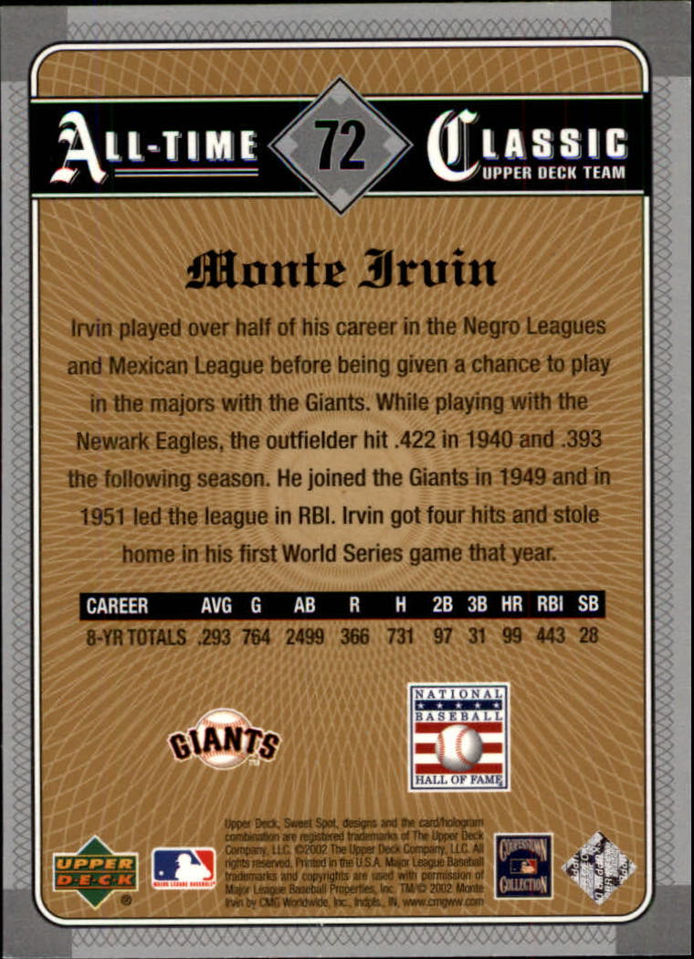 2002 Sweet Spot Classics #72 Monte Irvin back image