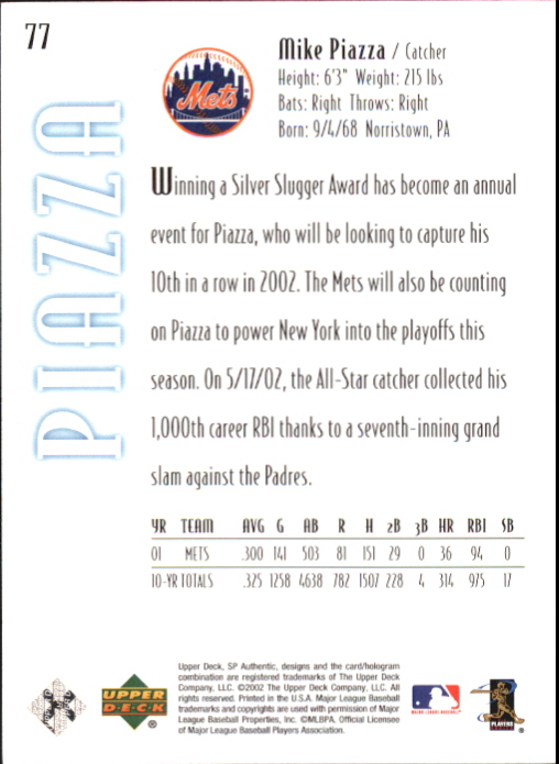 2002 SP Authentic Limited #77 Mike Piazza back image