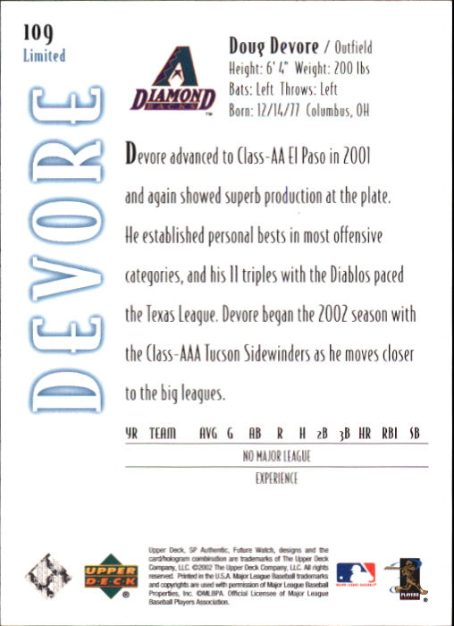 2002 SP Authentic Limited #109 Doug Devore FW back image