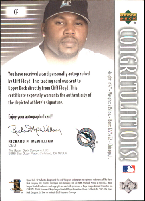 2002 SP Authentic Chirography #CF Cliff Floyd/313 back image