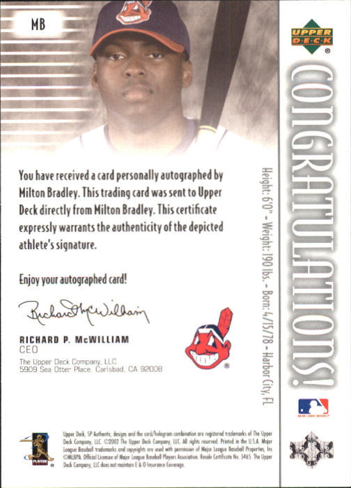 2002 SP Authentic Chirography #MBr Milton Bradley/470 back image