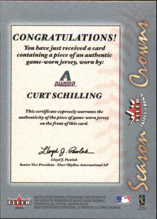 2002 Fleer Triple Crown Season Crowns Game Used #8A Curt Schilling Wins Jsy/Tom Glavine/Pedro Martinez back image