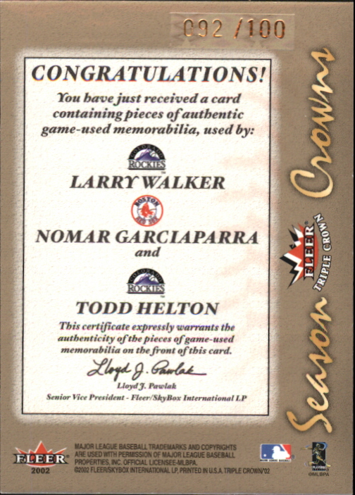 2002 Fleer Triple Crown Season Crowns Triple Swatch #2 Larry Walker Bat/Nomar Garciaparra Jsy/Todd Helton Jsy back image